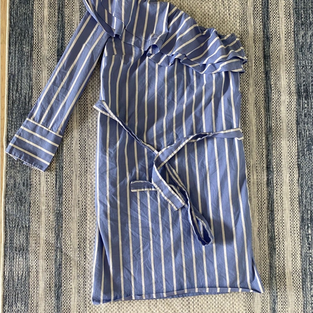 Blue and White Striped One-Shoulder Dress